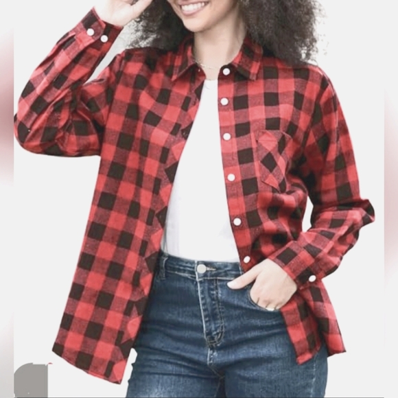 H&M Red/Navy Plaid Cotton Flannel Shirt Unisex Mens Medium/Womens Large - Picture 1 of 14